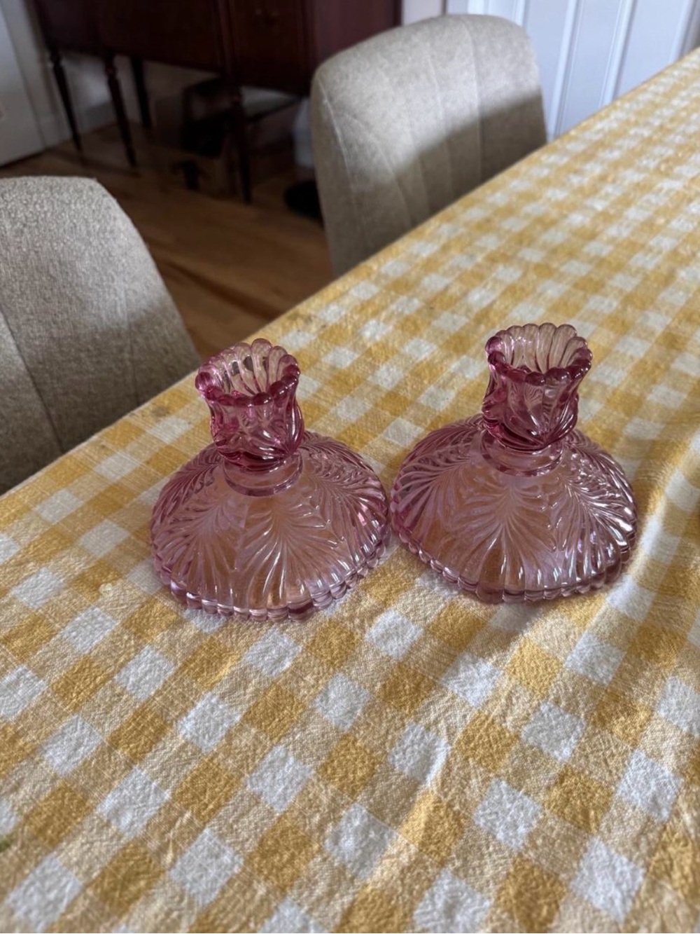 Vintage Pink Pressed Glass Candle Holders - Set of 2